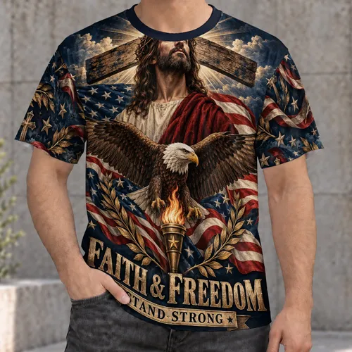 Eagle, Cross And Christ Figure For Faithful Patriotic Living, Devotion And Hope All-over Print Unisex T-shirt