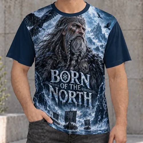 Bearded Norse Warrior and Frozen Longships for Winter Adventure Enthusiasts All-over Print Unisex T-shirt