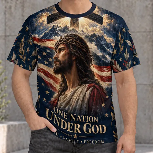Jesus Cross and Flag Faith Scene for Patriotic Worship and Everyday Devotion All-over Print Unisex T-shirt