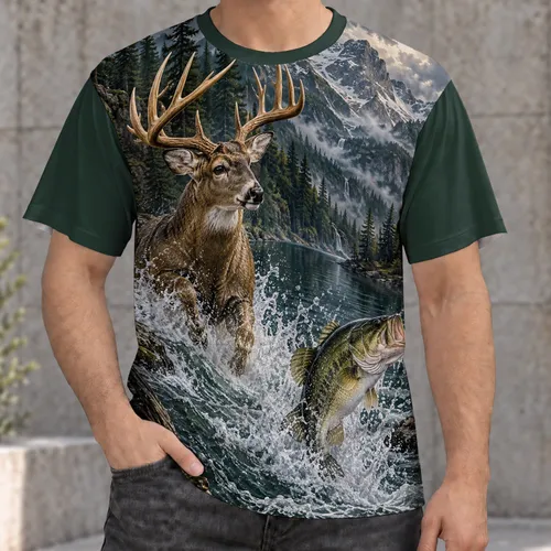 Deer And Bass Wilderness Scene For Fishing And Hunting Adventures All-over Print Unisex T-shirt