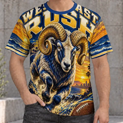 Charging Ram Football Sunset Scene for Halloween Game Day and West Coast Fans All-over Print Unisex T-shirt