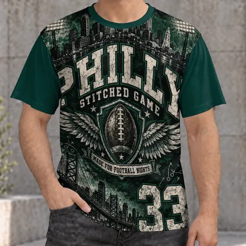 Philadelphia Football Night Skyline and Winged Ball Crest for Halloween Game Day Fans All-over Print Unisex T-shirt