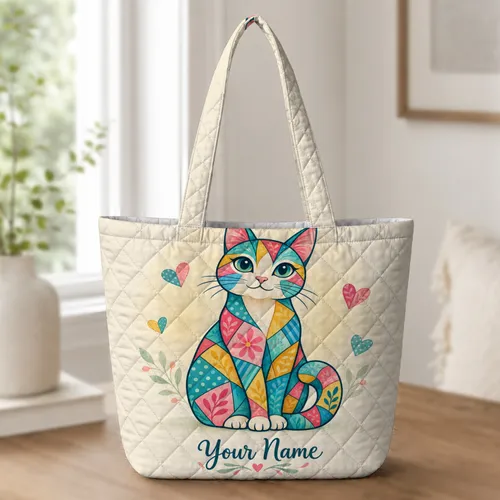 Colorful Mosaic Cat With Floral Accents for Everyday Style and Gifts for Cat Lovers Quilted Tote Bag