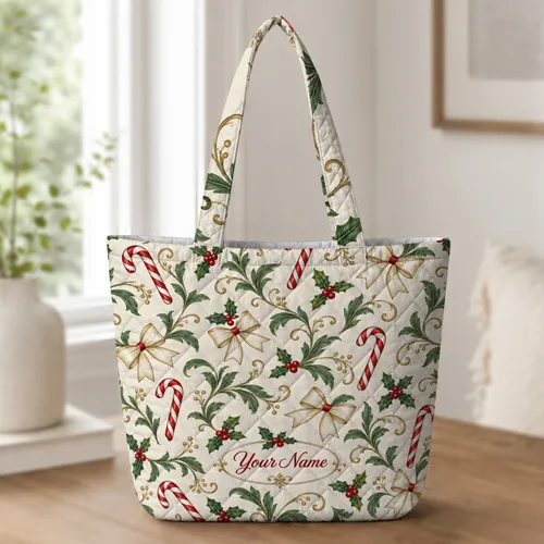 Candy Cane Holly and Cream Bows for Christmas Cheer and Holiday Gifting for Her Mom Quilted Tote Bag