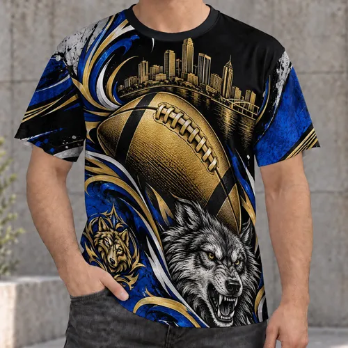 Gold Football and Wolf Motifs for Game Day Spirit and Dedicated Fans All-over Print Unisex T-shirt