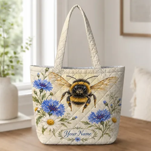 Cornflower Bee and Wildflower Garden Gift for Nature Lovers and Cottage Gardeners Quilted Tote Bag