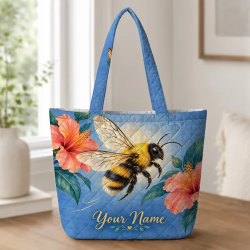 Vibrant Bumblebee and Tropical Flowers for Garden Lovers and Nature-Loving Women Quilted Tote Bag