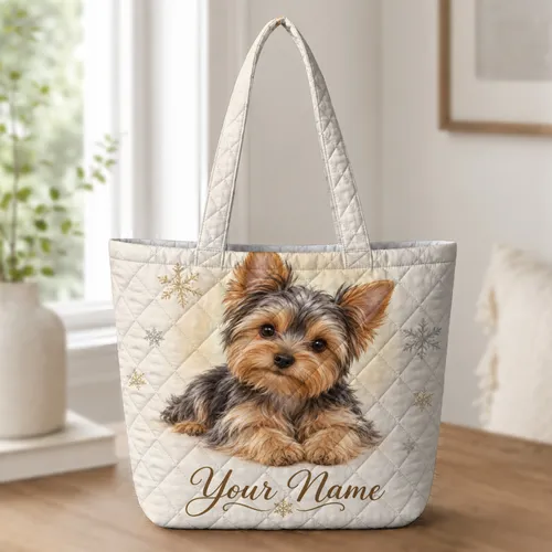 Sweet Yorkie Puppy with Winter Snowflakes for Cozy Holiday Gifting and Dog Lovers Quilted Tote Bag
