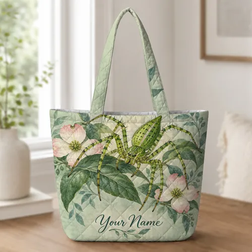 Green Lynx Spider Botanical Nature Accent for Garden Lovers and Insect Enthusiasts Quilted Tote Bag