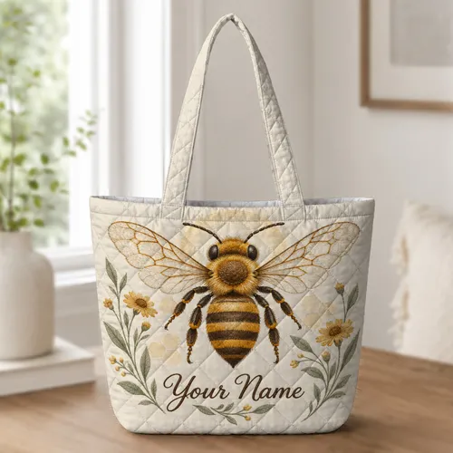 Botanical Honey Bee with Wildflowers for Spring Garden Lovers and Thoughtful Gifts Quilted Tote Bag