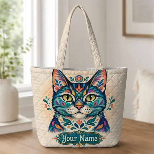 Colorful Folk Art Cat Face for Cozy Cat Lover Gifts and Everyday Errands Quilted Tote Bag