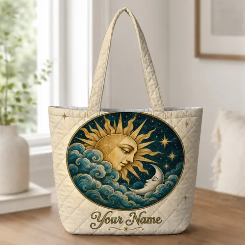 Celestial Sun Moon and Stars for Mystical Travel and Everyday Boho Style Quilted Tote Bag