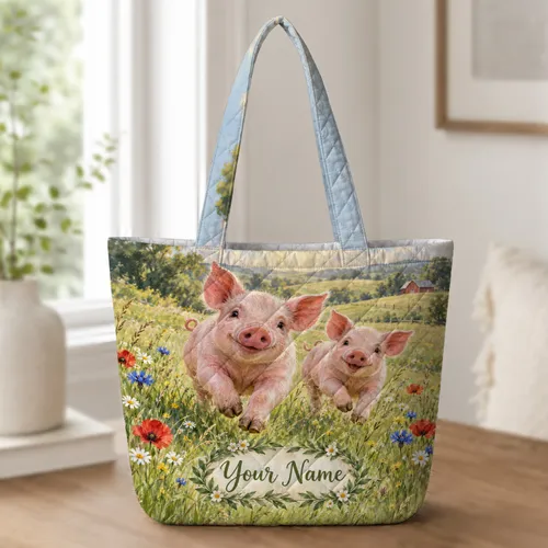 Twin Piglet Meadow Scene for Country Farmhouse Outings and Springtime Gifts for Her Quilted Tote Bag