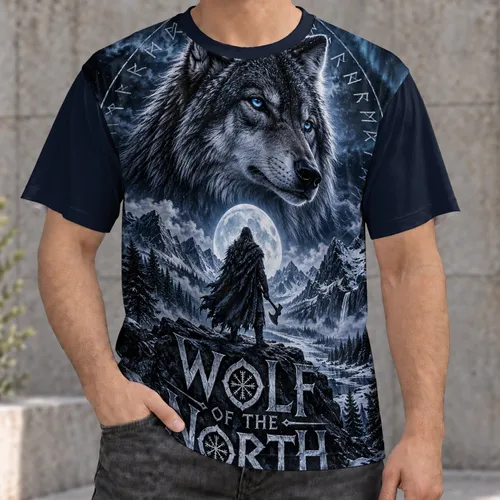Moonlit Viking Wolf And Mountain Wilderness For Norse Myth Lovers All-over Print Unisex T-shirt