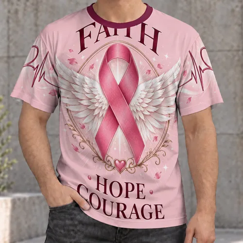 Pink Awareness Ribbon with Wings for Faith, Hope and Courage, Supportive Gift for Him All-over Print Unisex T-shirt