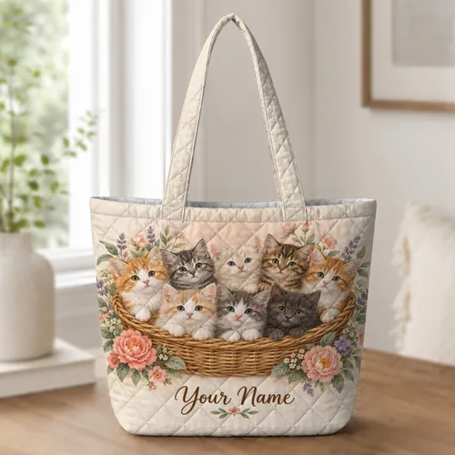 Eight Kittens in a Flower Garden Basket for Cat Lovers and Pet Moms Quilted Tote Bag