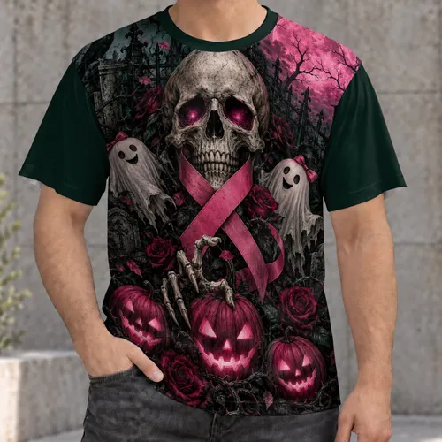 Gothic Skull, Pink Ribbon, Rose and Pumpkin Halloween Tribute for Spooky Season Fans All-over Print Unisex T-shirt