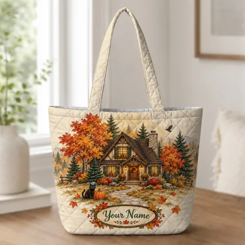 Autumn Cottage, Black Cat and Pumpkins for Cozy Fall Halloween Outings Quilted Tote Bag