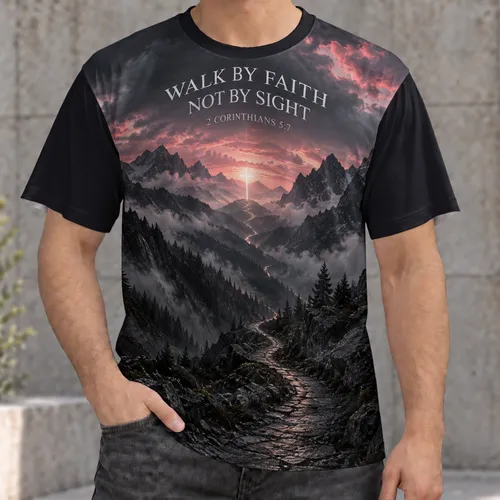 Mountain Cross Faith Scripture for Worship, Outdoor Reflection and Christian Men Gift All-over Print Unisex T-shirt