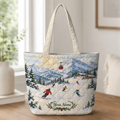 Alpine Ski Slope Gondola Scene for Winter Getaways and Mountain Resort Lovers Quilted Tote Bag