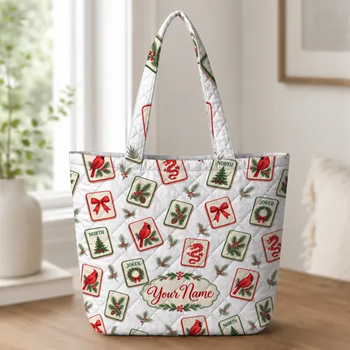 Pink Christmas Mahjong Tiles With Cardinals for Holiday Game Nights and Mahjong Lovers Quilted Tote Bag
