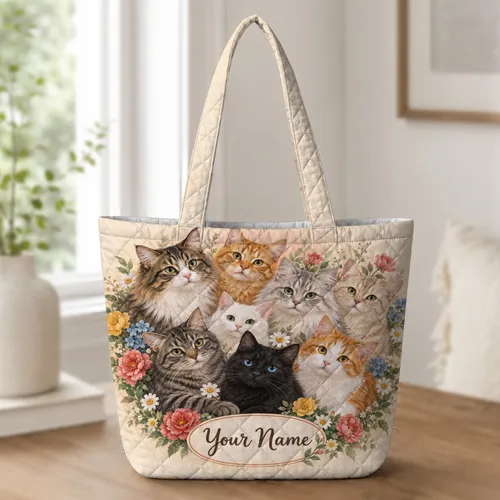 Colorful Cat Family and Garden Blooms for Cat Lovers and Cozy Everyday Style Quilted Tote Bag