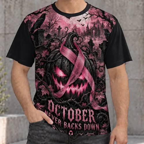 Pink Ribbon Jack-O'-Lantern and Gothic Cemetery for Halloween Night Enthusiasts All-over Print Unisex T-shirt