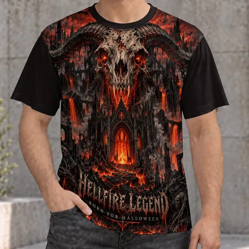 Horned Infernal Skull and Burning Cathedral for Halloween Nights and Gothic Style Fans All-over Print Unisex T-shirt