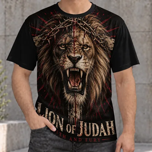 Roaring Lion Of Judah With Thorn Crown And Cross For Christian Faith Gifts For Men All-over Print Unisex T-shirt