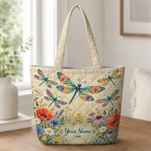 Colorful Dragonfly Wildflower Garden for Cottagecore Home Organization and Nature Lovers Quilted Tote Bag