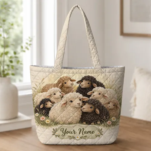 Cozy Sheep Flock Meadow for Farmhouse Laundry Days and Sheep Lovers Quilted Tote Bag