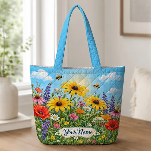 Colorful Wildflower Meadow With Bees for Spring Cottage Living and Garden Lovers Quilted Tote Bag