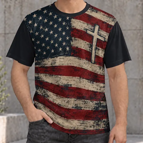 Distressed American Flag and Cross for Outdoor Faith and Heritage Gatherings for Men All-over Print Unisex T-shirt