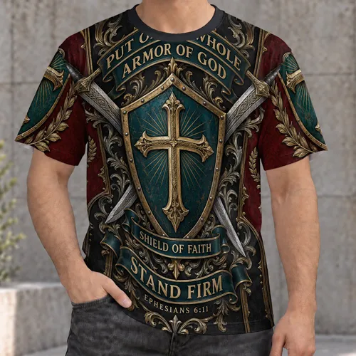 Faith Shield Cross Armor for Church Worship, Bible Study and Everyday Christian Wear All-over Print Unisex T-shirt