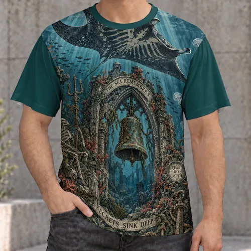 Skeleton Manta and Sunken Bell for Deep Sea Diving Fans and Coastal Getaways All-over Print Unisex T-shirt