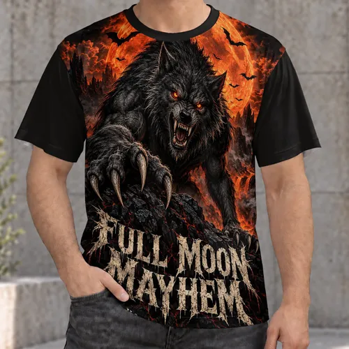 Fiery Full Moon Werewolf Scene for Halloween Nights and Dark Fantasy Fans All-over Print Unisex T-shirt