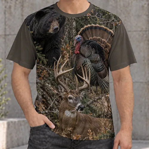 Wild Turkey Deer And Bear Woodland Camo For Hunting Camping And Outdoor Adventure Gifts All-over Print Unisex T-shirt