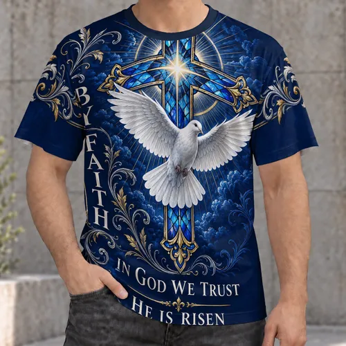 Stained Glass Cross and White Dove for Church Worship, Easter and Daily Faith All-over Print Unisex T-shirt