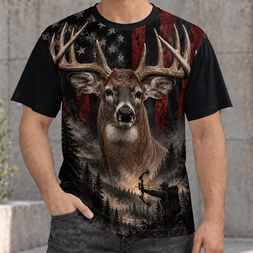 American Flag Deer And Bowhunter Wilderness Scene For Patriotic Outdoor Adventures All-over Print Unisex T-shirt