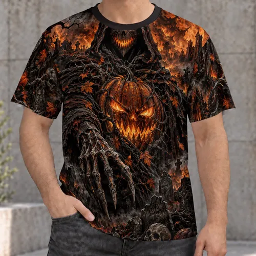 Hooded Skull and Fiery Pumpkin for Halloween Nights and Spooky Season Wear All-over Print Unisex T-shirt