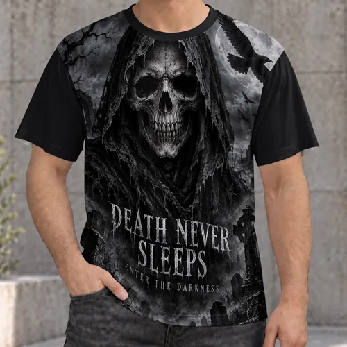 Hooded Skull Reaper and Moonlit Cemetery for Gothic Nights and Dark Everyday Style All-over Print Unisex T-shirt