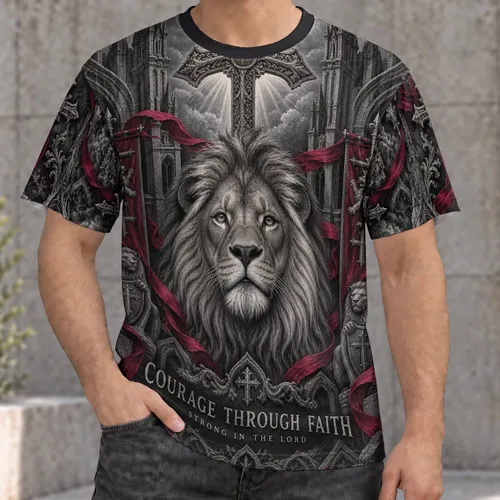 Lion Cross Faith Artwork for Christian Encouragement and Religious Devotion All-over Print Unisex T-shirt