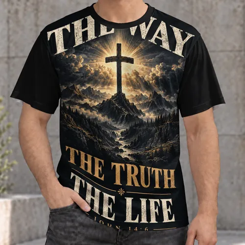 Christian Cross Scripture and Mountain Sunrise for Church Worship and Faithful Living All-over Print Unisex T-shirt
