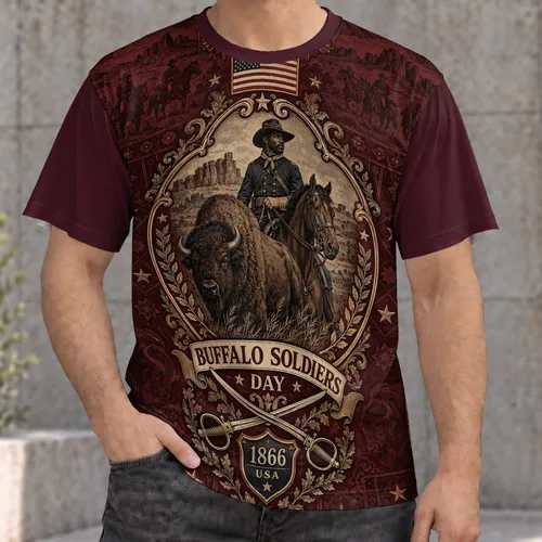 Cavalry Soldier and Buffalo Heritage Scene for History Events and Outdoor Gatherings All-over Print Unisex T-shirt