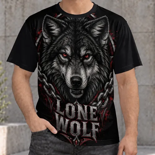 Lone Wolf Head with Chain for Outdoor Adventure and Everyday Wear, Rugged Style All-over Print Unisex T-shirt