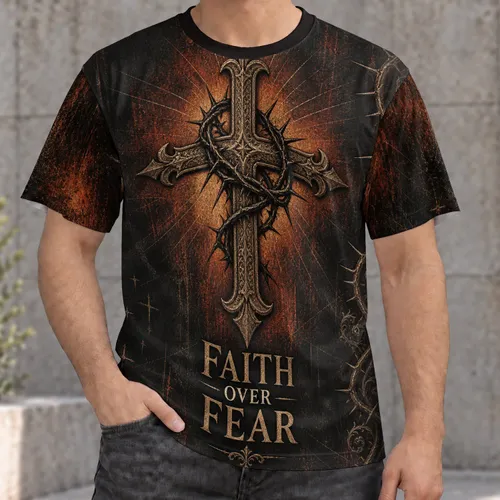 Antique Bronze Cross and Thorn Crown for Faith Over Fear Devotional Wear All-over Print Unisex T-shirt