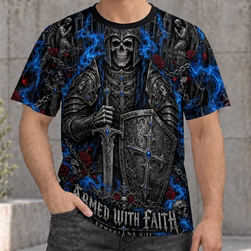 Skull Knight and Faith Message for Gothic Style and Everyday Wear All-over Print Unisex T-shirt