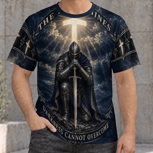 Kneeling Armored Knight and Radiant Cross for Faith Gatherings and Weekend Devotion All-over Print Unisex T-shirt