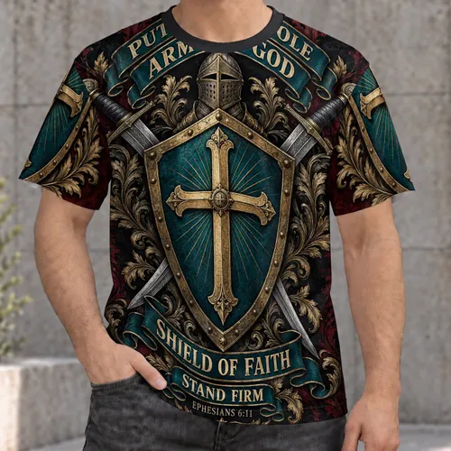 Christian Shield and Sword Faith Emblem for Church Events and Everyday Casual Wear All-over Print Unisex T-shirt