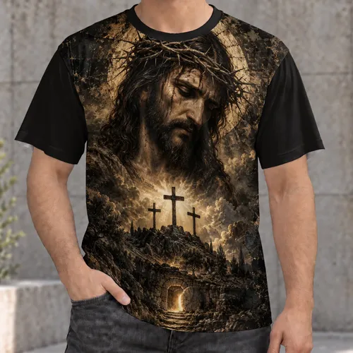 Crowned, Bearded Sacred Portrait with Three Crosses for Church Worship and Faith Gatherings All-over Print Unisex T-shirt